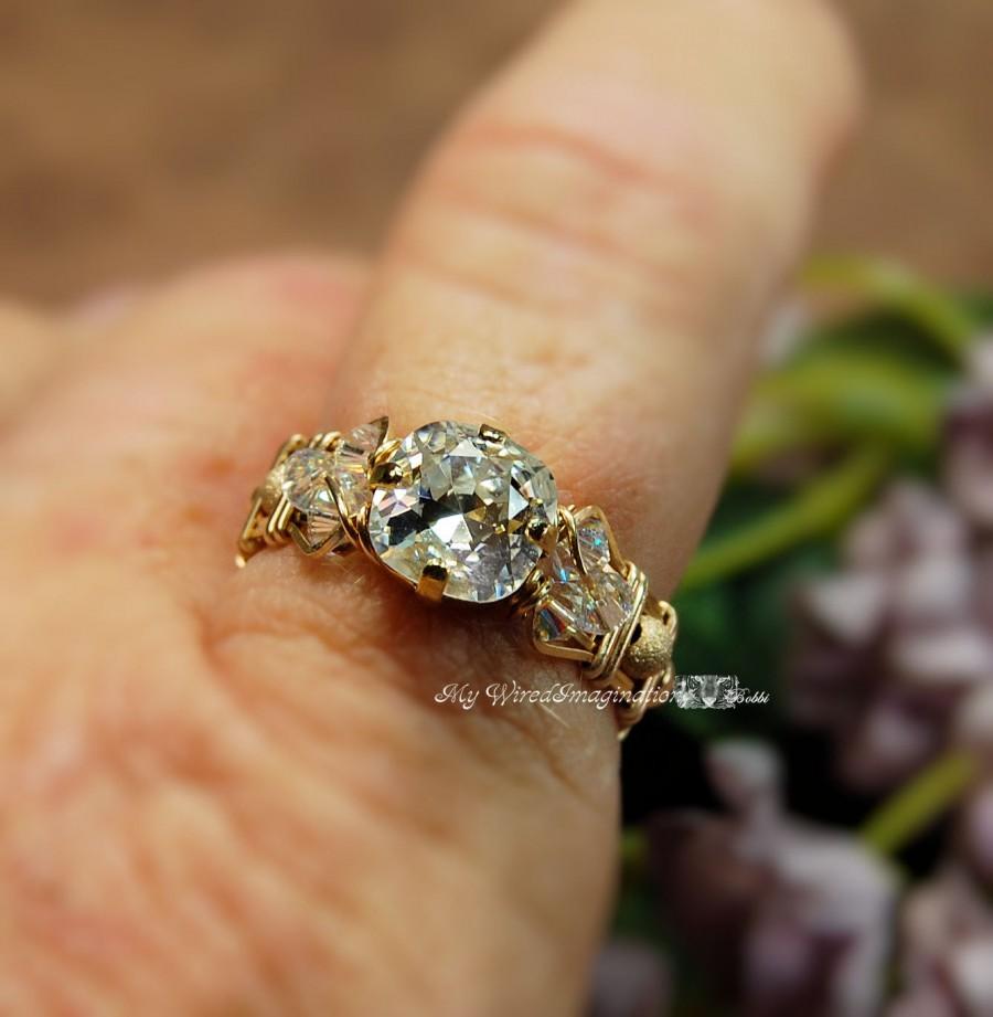 زفاف - Crystal Diamond, Vintage Swarovski Crystal, Hand Crafted Wire Wrapped Ring, Unique Engagement or Gift, April Birthstone, Made to Order Ring