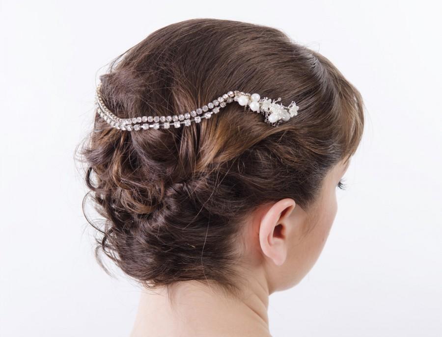 Wedding - Art Deco Forehead Chain, Bridal White flowers Headpiece, Draping Rhinestone Hairpiece, Freshwater Pearls forehead jewelry