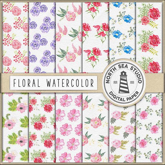 Hochzeit - Digital Watercolor Paper, Watercolor Flower Papers, Colorful Floral Patterns, Hand Painted Flowers, Coupon Code: BUY5FOR8