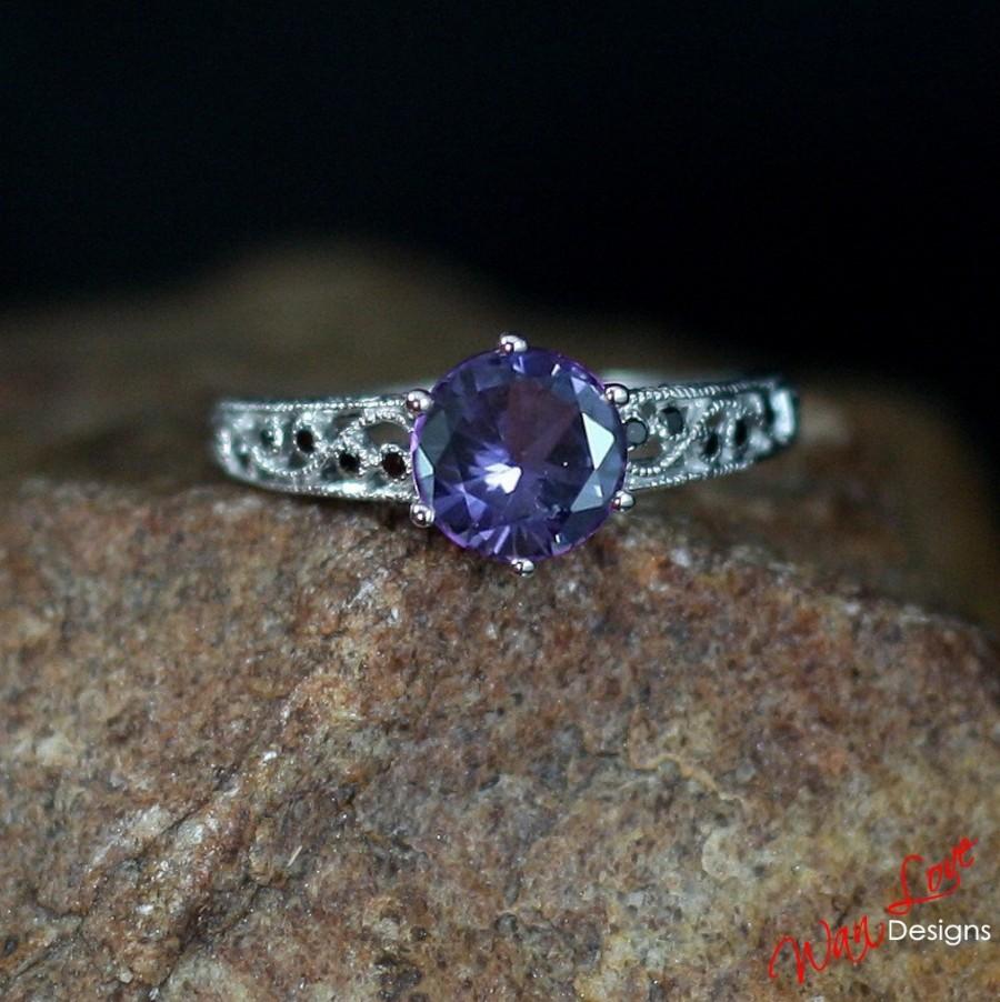 Wedding - Alexandrite Color Change Sapphire & Black Diamond Filigree Milgrain Engagement Ring Round 2ct 8mm 14k 18k White Yellow Rose Gold-Plat-Custom