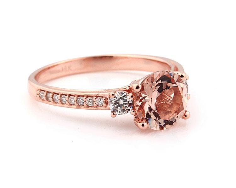 زفاف - Natural AAA 8mm Round  Pink Morganite  Solid 14K Rose Gold Diamond engagement  Ring - Gem958