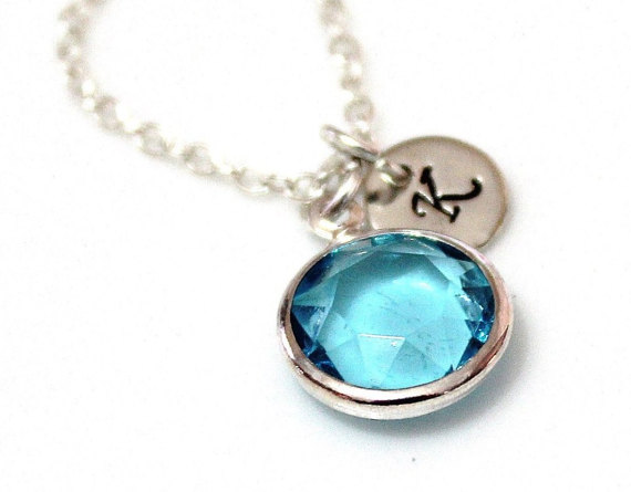 Wedding - Aquamarine Necklace Stone, Aqua Blue Necklace, Initial Necklace, Personalized Necklace, Gift, Bridesmaid Gift, Flower Girl, March Birthstone