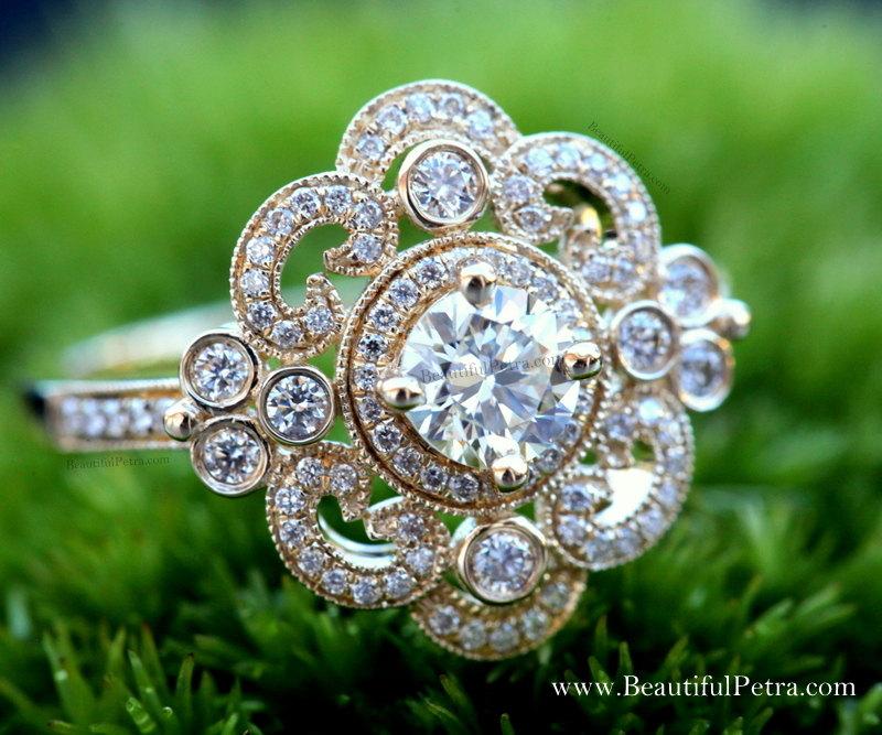 Hochzeit - DUCHESS - 14k yellow, white, rose gold - Floral - Round Diamond Engagement Ring or RIGHT Hand Ring - Weddings- Brides - Luxury - Bp0012
