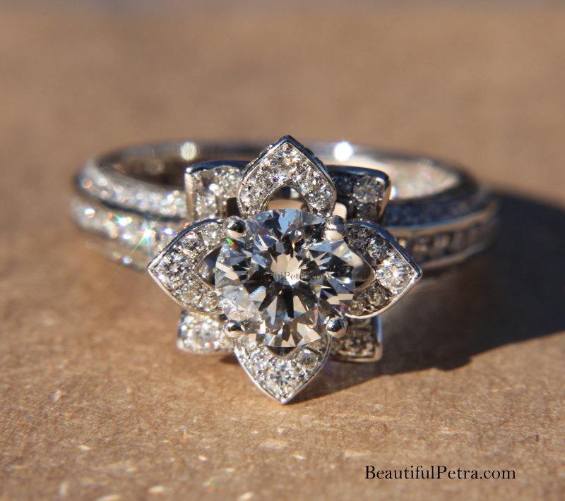 Mariage - ready . to . ship . Platinum - Gorgeous UNIQUE Flower Rose Diamond Engagement Ring - 2.05 carat - custom made - art deco - fL01