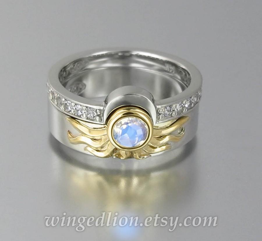 Mariage - Sun and Moon ECLIPSE engagement and wedding ring set in 18k &14k gold with Moonstone and white sapphires