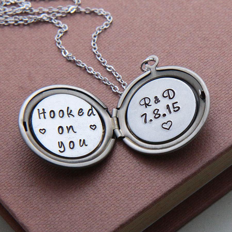 Wedding - Hooked on You Necklace, Personalized Locket, Initials and Date Locket, Personalized Necklace, Anniversary date gift, Wife Gift, Quote Locket