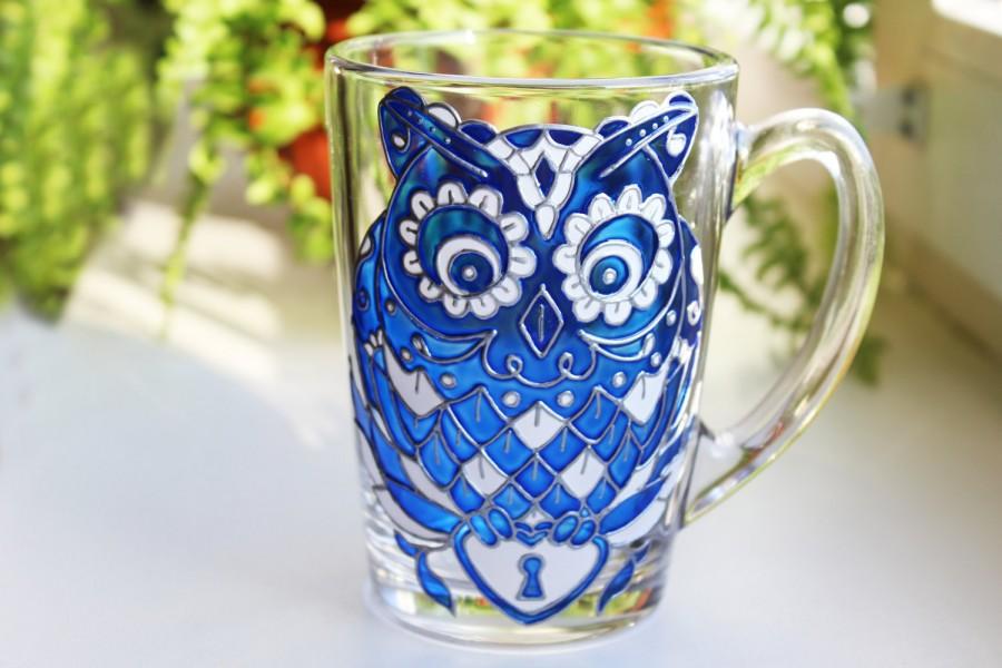Свадьба - Blue Mug Owl Coffee Mug Funny Coffee Mugs for Women Aniversary Mug Custom Glass Mug Gift Handpainted Mugs Coffee Cup Personalized Coffee Mug