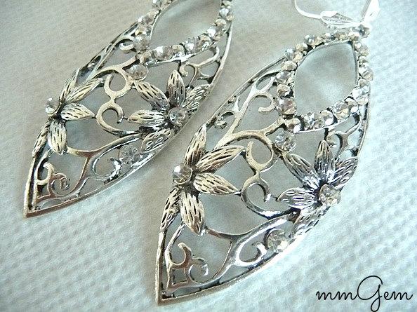 زفاف - Leaf earrings, silver leaf earrings, leaves earrings, leaves boho earrings, silver crystal earrings, silver boho earrings, earrings, leaf,