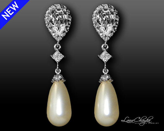 Hochzeit - Teardrop Pearl Cubic Zirconia Bridal Earrings Swarovski Ivory Pearl Wedding Earrings Clear CZ Pearl Chandelier Earrings Bridesmaid Jewelry