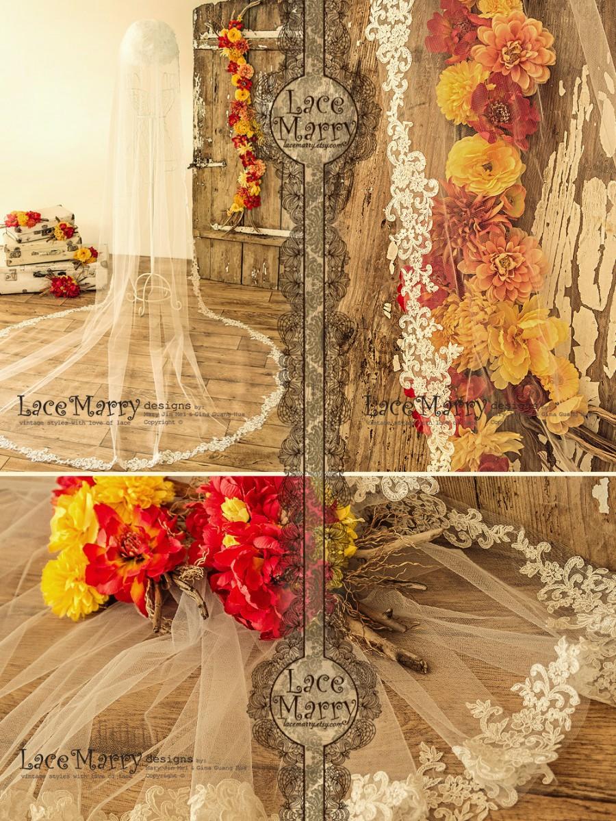 Wedding - Cathedral Lace Wedding Veil, Long Single Tier Bridal Veil with Alencon Lace Applique 