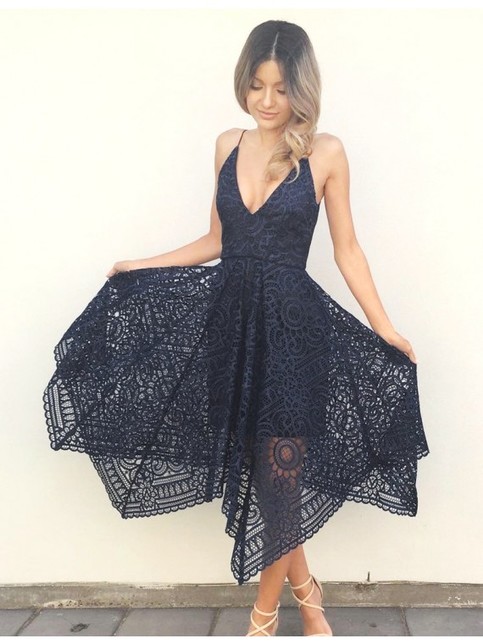 Mariage - Black Lace Deep V-neck Mid-Calf A-line Prom Bridesmaid Dress from Dressywomen