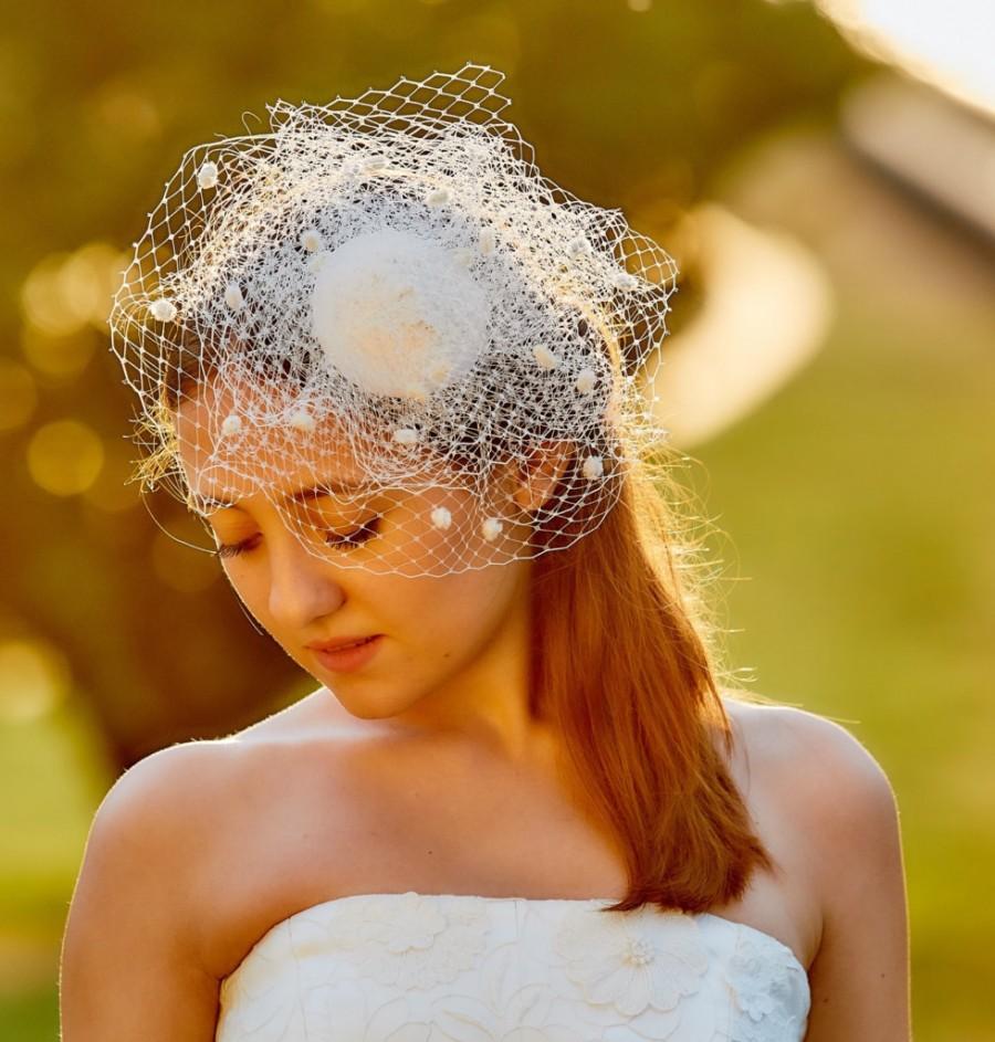 زفاف - Veiled bridal fascinator - wedding Birdcage french veil - White fascinator for bride  - Wedding bridal ascinator