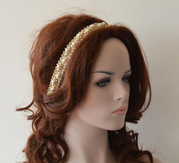 زفاف - Pearl Bridal Headband, Wedding Pearl  Headband, Gold Rhinestone and Pearl Headband, Bridal Hair Accessories, Wedding Hair Accessories