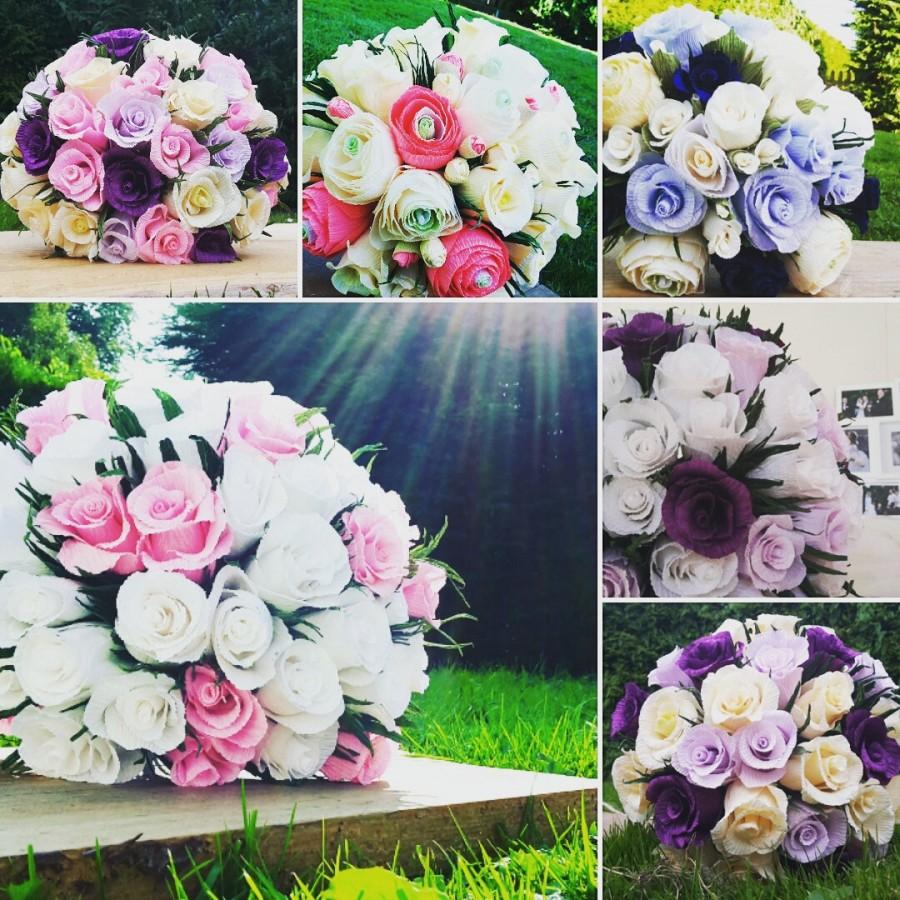 Wedding - White Pink Bride Bouquet Wedding Paper Flowers, Paper Roses, Crepe paper flowers bouquet