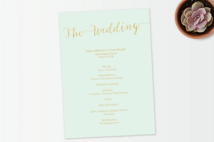 Wedding - Mint and Gold Slant Wedding Program Printable - DIY Instant Digital Download - Editable Template in Microsoft Word - Double sided 5x7 inches