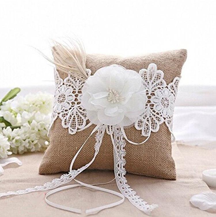 Свадьба - Burlap Lace Rustic Wedding Ring Bearer Pillow with Ivory Flower Pearls Feather Embellishment