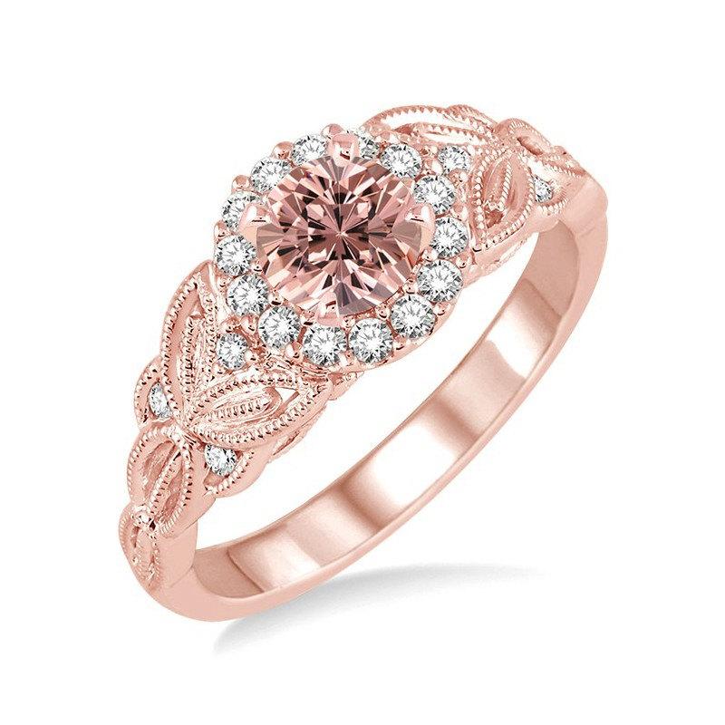 زفاف - Limited Time Sale 1.25 Carat Peach Pink Morganite  (Round Shaped Morganite) and Diamond Engagement Ring in 10k Rose Gold Jewelry
