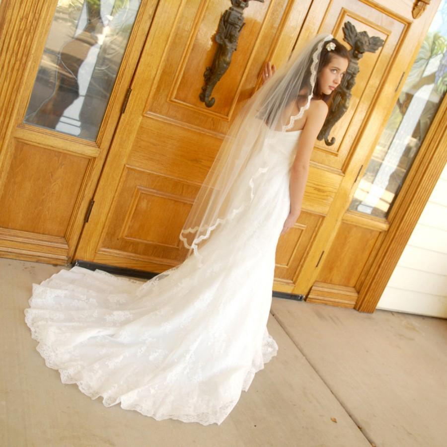 زفاف - Waltz length Angel cut Wedding veil with French Alencon Lace trim Mantilla Veil - Phoenix