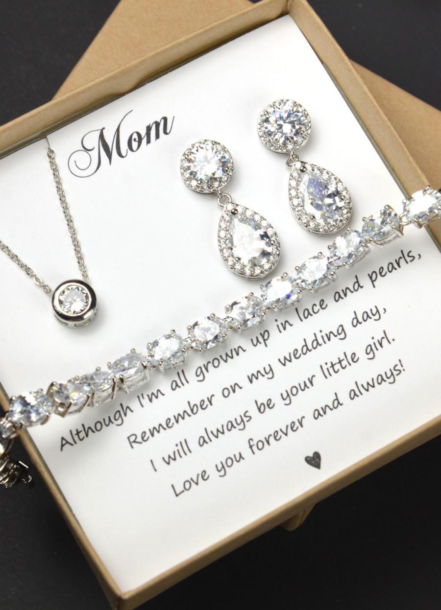Mariage - Personalized Bridesmaid Gift, Bridesmaid Earrings Necklace Set,Mother of Bride , Crystal Wedding Jewelry Set, Bridal Studs Bracelet,