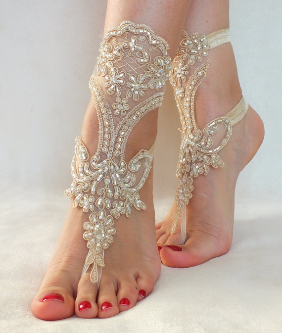 Hochzeit - champagne beach wedding barefoot sandals Free Ship ivory foot jewelry, lace sandals, beach wedding sandals, wedding bangles, anklets,