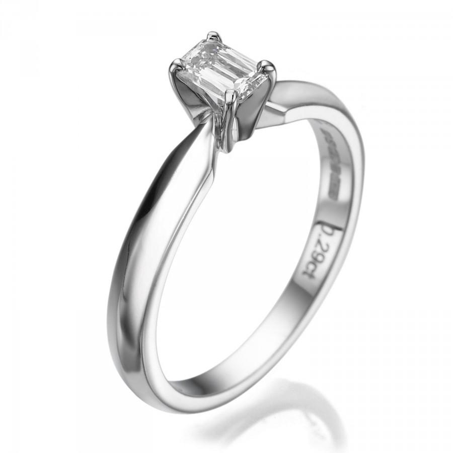 زفاف - Emerald Cut Engagement Ring, 0.29 CT Diamond Solitaire Ring, 18K White Gold Ring, Solitaire Engagement Ring Size 5.5