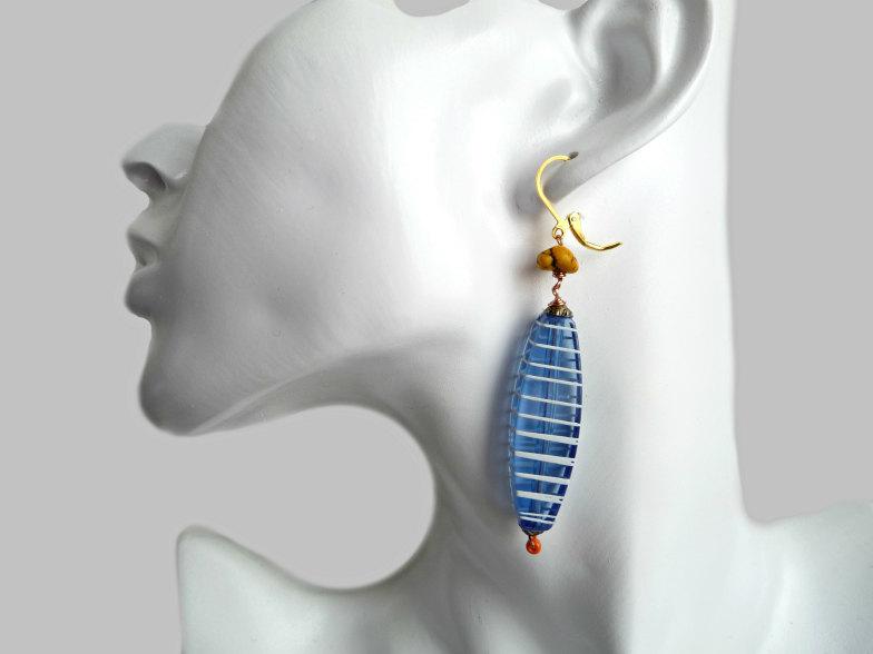 Hochzeit - Blue Boho Earrings, Blue Earrings, Blue Yellow, Earrings, Blue White, Stripes Earrings, Long Blue Earrings, Boho Blue Earrings, Boho