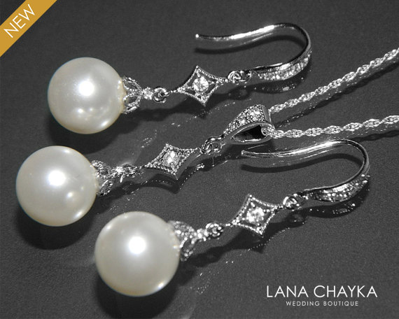 Hochzeit - White Pearl Bridal Jewelry Set Pearl Necklace&Earrings Set Swarovski 10mm Pearl Sterling Silver Cz Set Drop Pearl Set Wedding Pearl Jewelry