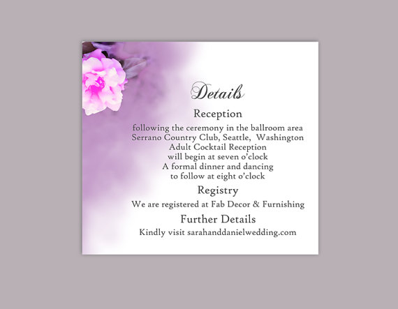 Свадьба - DIY Wedding Details Card Template Editable Word File Download Printable Details Card Pink Purple Detail Card Floral Rose Enclosure Card