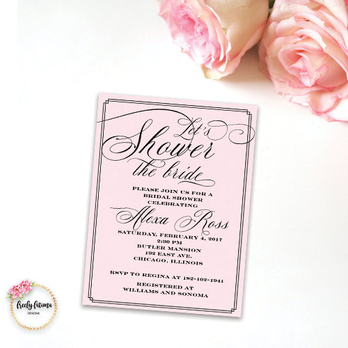 Hochzeit - Let's Shower the Bride Pink and Black Elegant Bridal Shower Invitation Printable Digital