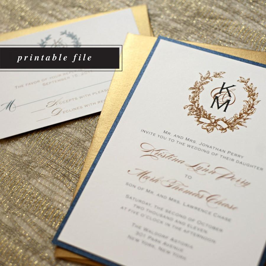 Mariage - Printable Wreath Wedding Invitation, Gold Wreath Monogram, Printable Wedding Invitation, Gold Wedding, Wedding Monogram, Gold Invitation