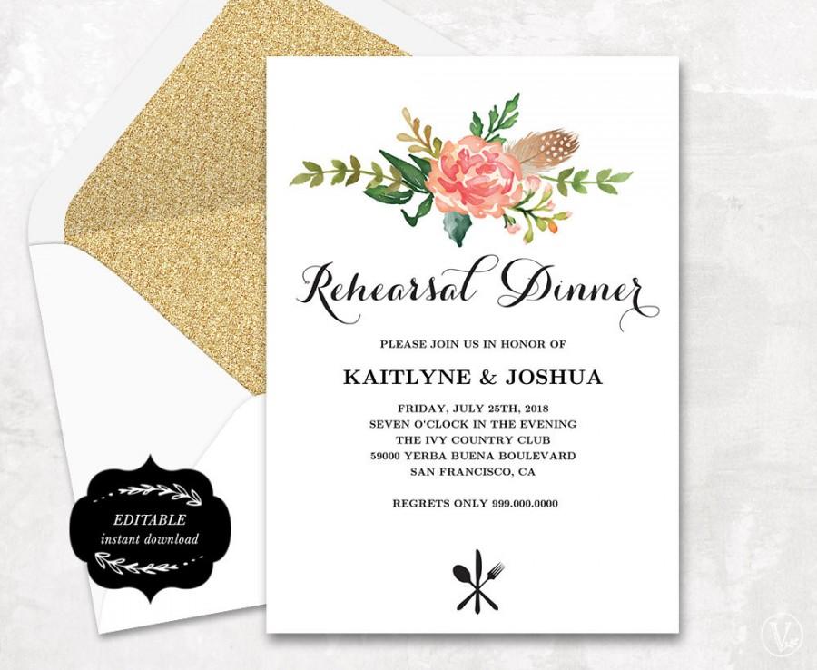 Hochzeit - Printable Rehearsal Dinner Invitation Card Template, Floral Boho Rehearsal Dinner Card, Instant DOWNLOAD - EDITABLE Text - 5x7, RD005