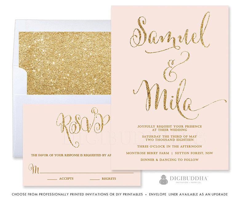 Hochzeit - Blush Wedding Invitation Suite 2 Pc Blush Pink Gold Wedding Invitation & RSVP Blush Pink and Gold Wedding Invitation Glitter Wedding - Mila