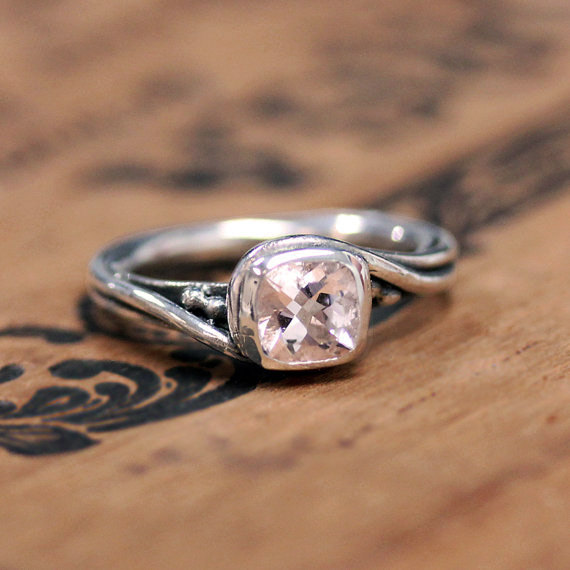 Hochzeit - Morganite engagement ring, silver morganite ring, cushion engagement ring, pink morganite engagement ring, swirl ring, pirouette custom
