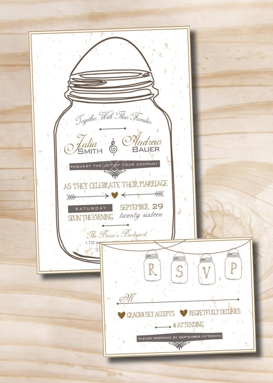 Wedding - MASON JAR LOVE Mason Jar Rustic Wedding Invitation and Response Card Rsvp Invitation Suite