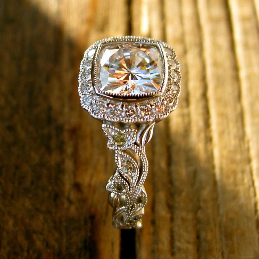 زفاف - Forever One Moissanite Engagement Ring in 14K White Gold with Diamonds & Green Sapphires in Flowers on Vine Vintage Style Setting Size 11