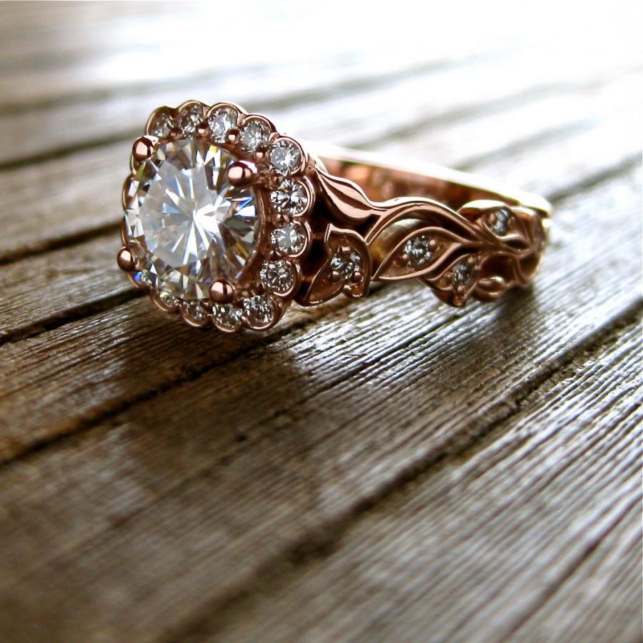 زفاف - Forever Brilliant Moissanite Engagement Ring in 14K Rose Gold with Diamonds in Flower Buds and Leafs on Vine Size 6