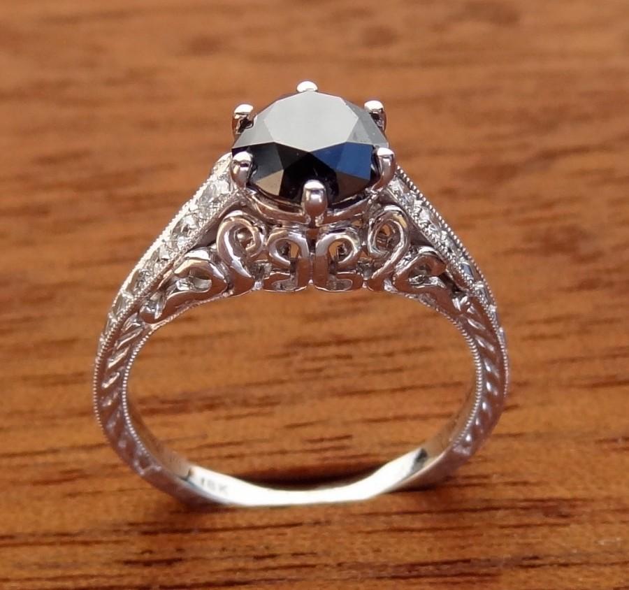 Wedding - Black Diamond Engagement Ring Vintage / Antique / Art Deco Style 18k White Gold Very Petite