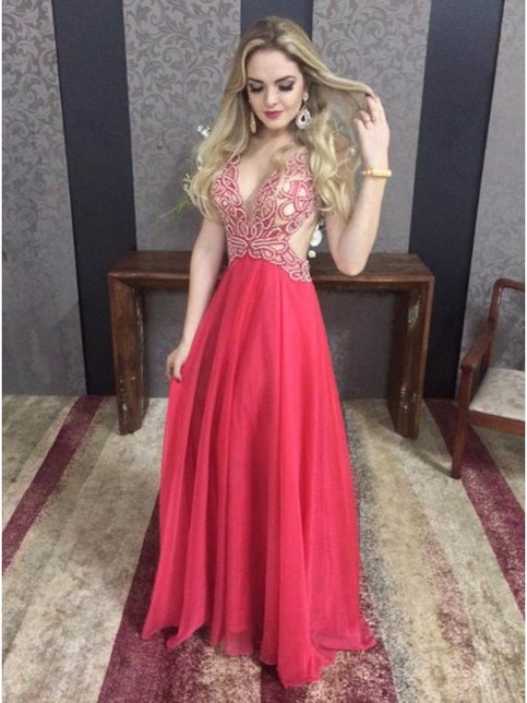 Mariage - Sexy Deep V-Neck Backless Sleeveless Red Long Prom Dress with Beading from Tidetell