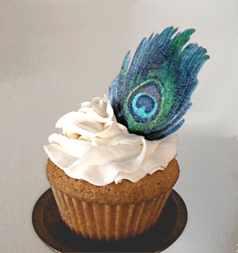 زفاف - Edible Cake Decorations - Peacock Feathers, Double-Sided Wafer Paper Toppers for Cakes, Cupcakes or Cookies, Wedding Cake Decorations