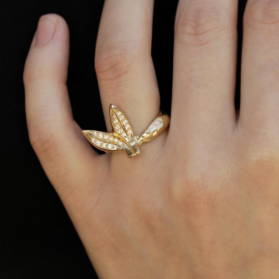 زفاف - leaf Engagement Ring, Unique Engagement ring, Gold Leaf Ring, 14K gold ring, Leaves Ring, Art Deco ring, Promise Ring, Jewelry Gift, RS-1065