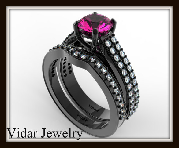 زفاف - Black Gold Pink Sapphire Wedding Ring Set,Unique Engagement Ring Set,Diamond Wedding Ring Set,Double Shank Ring Set,Custom Engagement Ring
