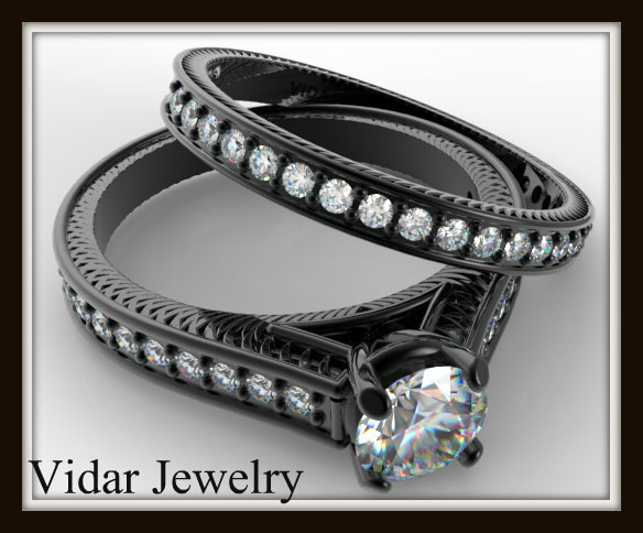 Hochzeit - Black Gold Diamond Bridal Ring Set,Unique Engagement Ring Set,Black Gold Ring Set,Diamond Engagement Ring Set ,Vidar Jewelry,Unique Ring Set