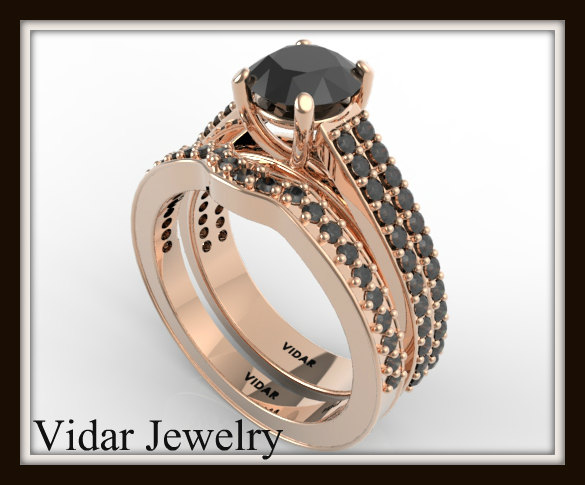 Свадьба - Black Diamond Wedding Ring Set,Unique Engagement Ring Set,Diamond Wedding Ring Set,Double Shank Ring Set,Custom Engagement Ring From Vidar