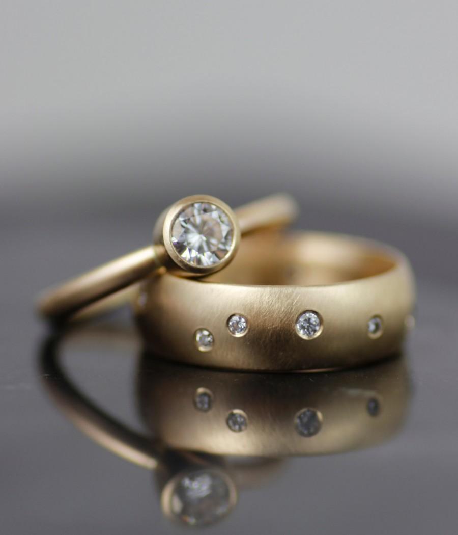 زفاف - womens alternative engagement ring, gold wedding band set, andromeda moissanite and diamond his hers wedding rings , recycled, conflict free