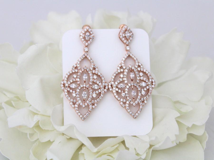 Wedding - Rose Gold Earrings, Chandelier earrings, Art Deco earrings, Wedding earrings, Bridal earrings, Crystal earrings, Rose gold jewelry Statement