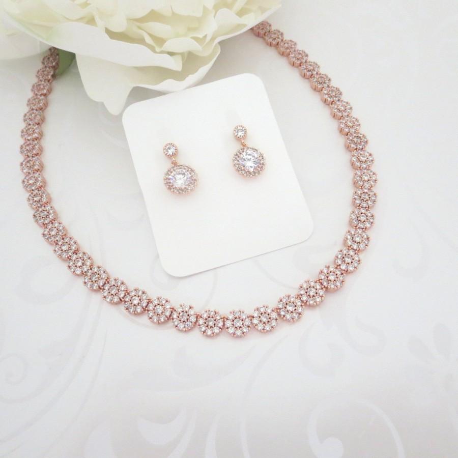 زفاف - Simple Rose Gold Bridal necklace, Rose Gold Wedding jewelry set, Crystal Bridal earrings, Rose Gold earrings, Halo earrings, Simple necklace