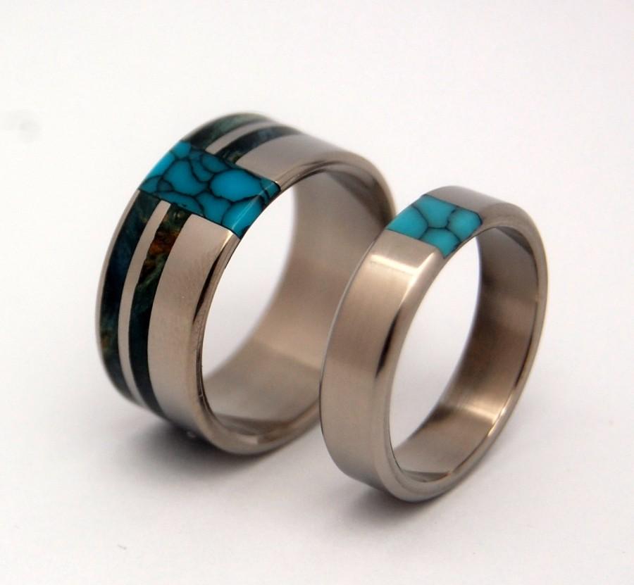 Mariage - Wooden Wedding Rings, titanium rings, turquoise wedding rings, eco friendly - Blue Box Comet and Constellation w/ True North Partner - 