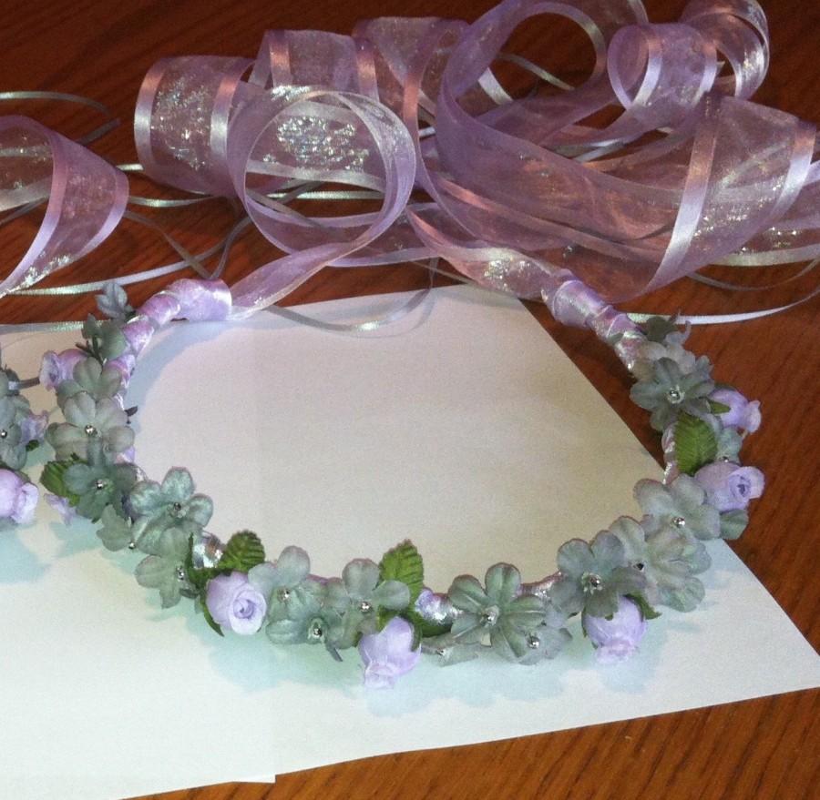 Свадьба - Flower Girl Crown - Mini Rosebud & Gypso Bridal Bridesmaid Floral Communion Ribbon Halo Wreath Garland lavender lilac grey gray C-Isabella