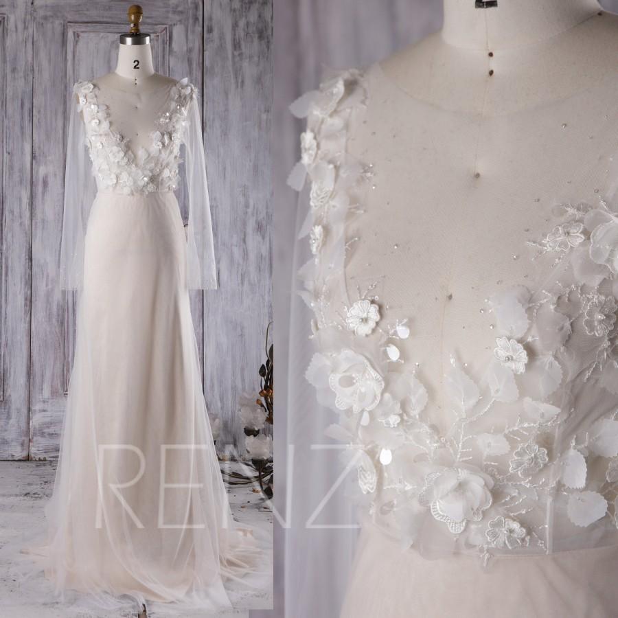 Wedding - 2016 Cream Wedding Dress with Long Sleeves, See Through Top Ball Gown, Long Evening Gown with Flowers, Prom Dress Floor Length (LW205)