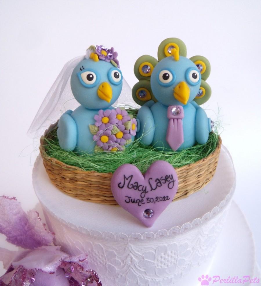 Hochzeit - Peacock wedding cake topper, love bird cake topper, bride and groom birds in nest, personalized wedding